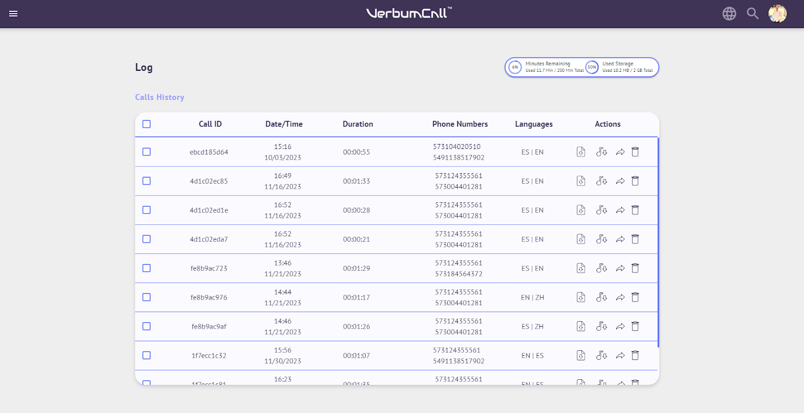 VerbumCall Agent Log and Insights Section