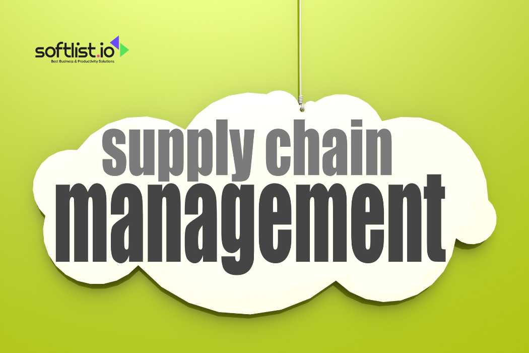 "Supply Chain Management" text on a cloud-shaped sign with green background