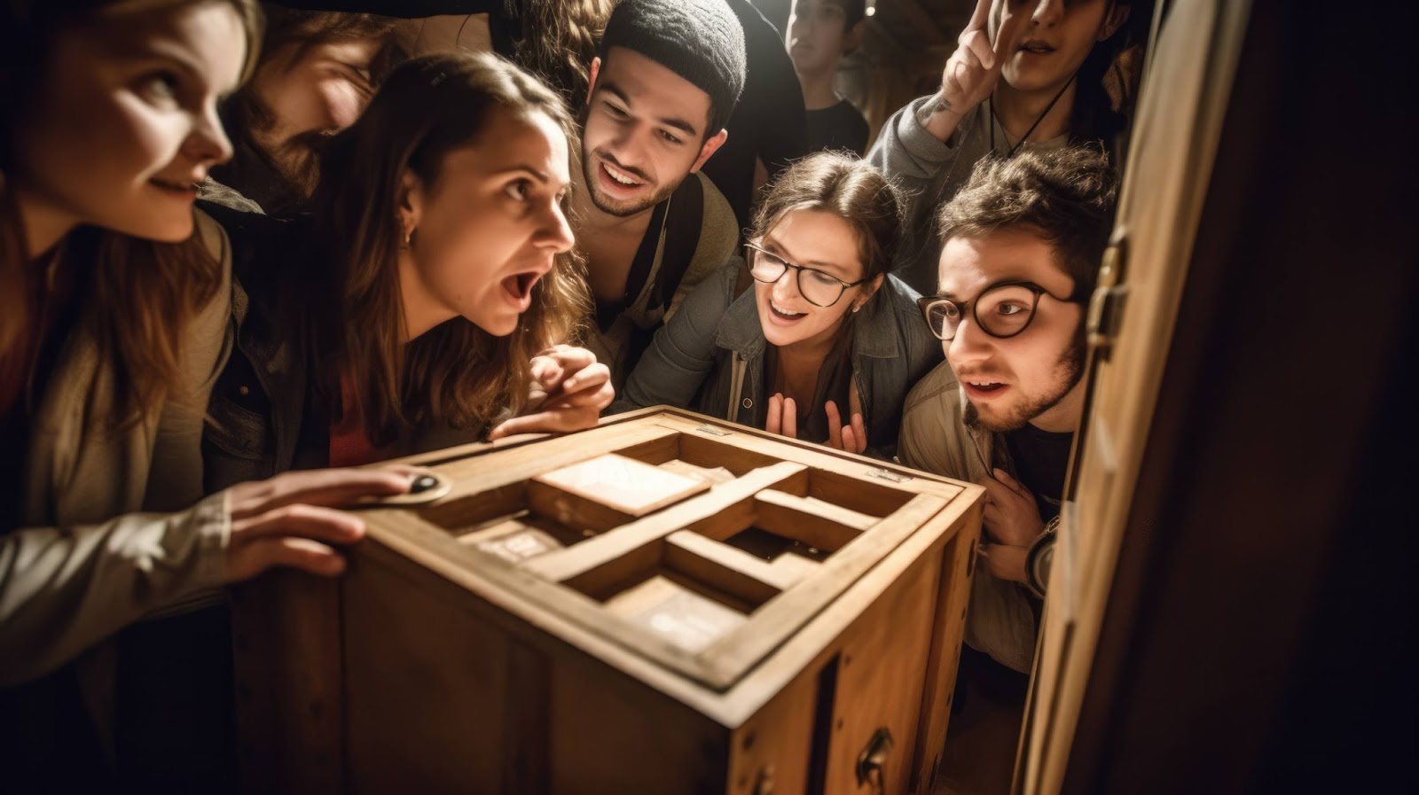 A group of friends sharing a moment of excitement and discovery as they embark on a treasure hunt or participate in an escape room activity.