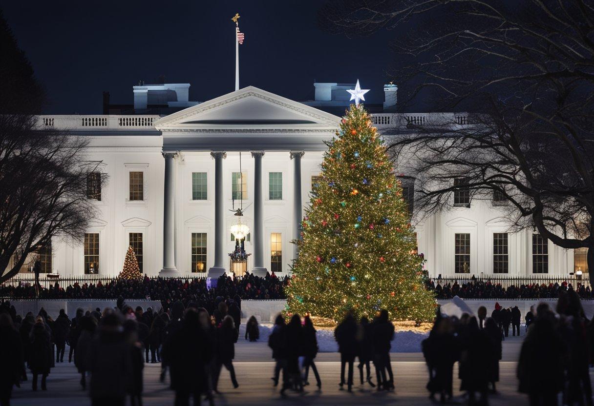 A large white building with a christmas tree in front of it with White House in the background

Description automatically generated