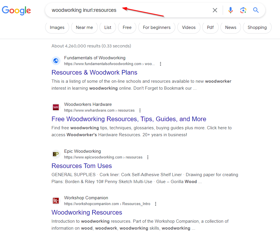 finding resource pages in wood working niche using search operator on oogle