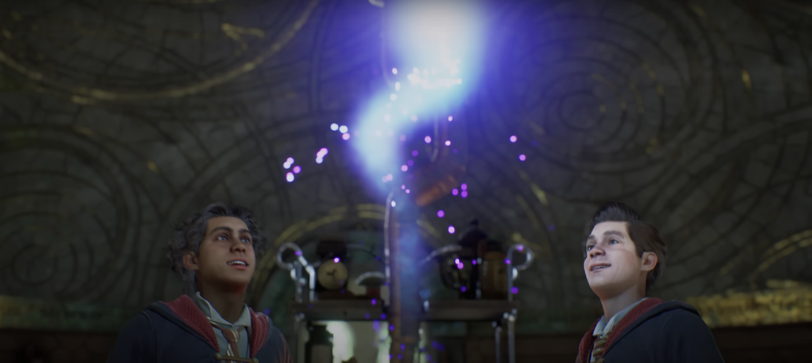 A trailer screenshot of two Gryffindor students from Hogwarts Legacy. 