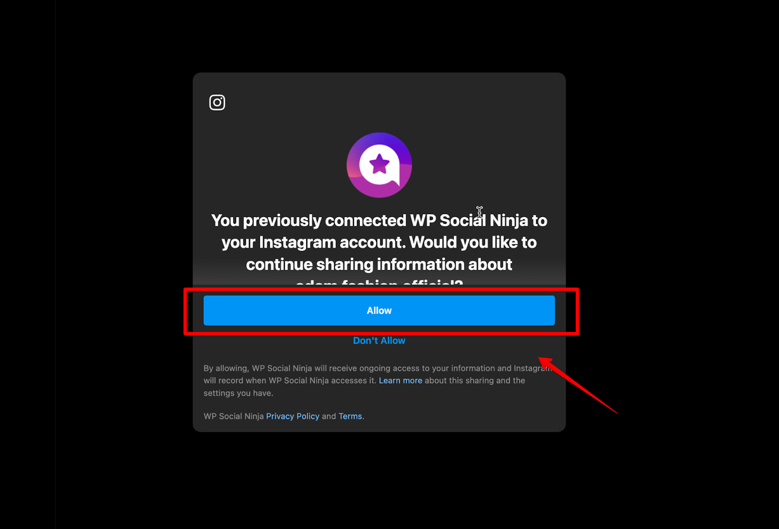 Allow WP Social Ninja to connect with your account.