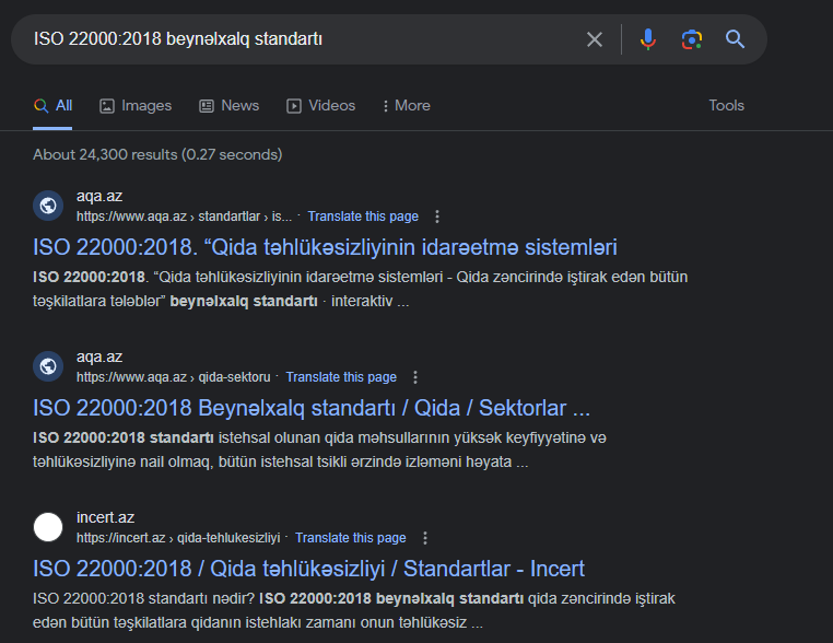 "ISO 22000:2018 beynəlxalq standartı" açar sözü ilə axtarış edən zaman çıxan Google nəticələrini göstərən ekran şəkli