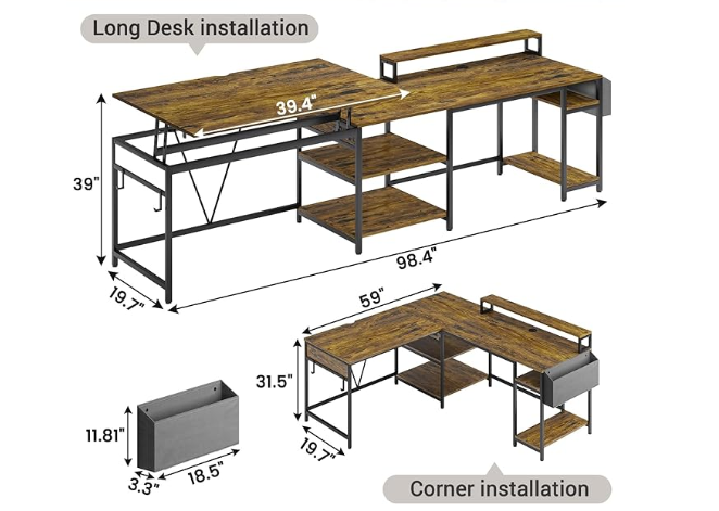 Sedeta L-shaped Art Desk with Lift top - dimensions