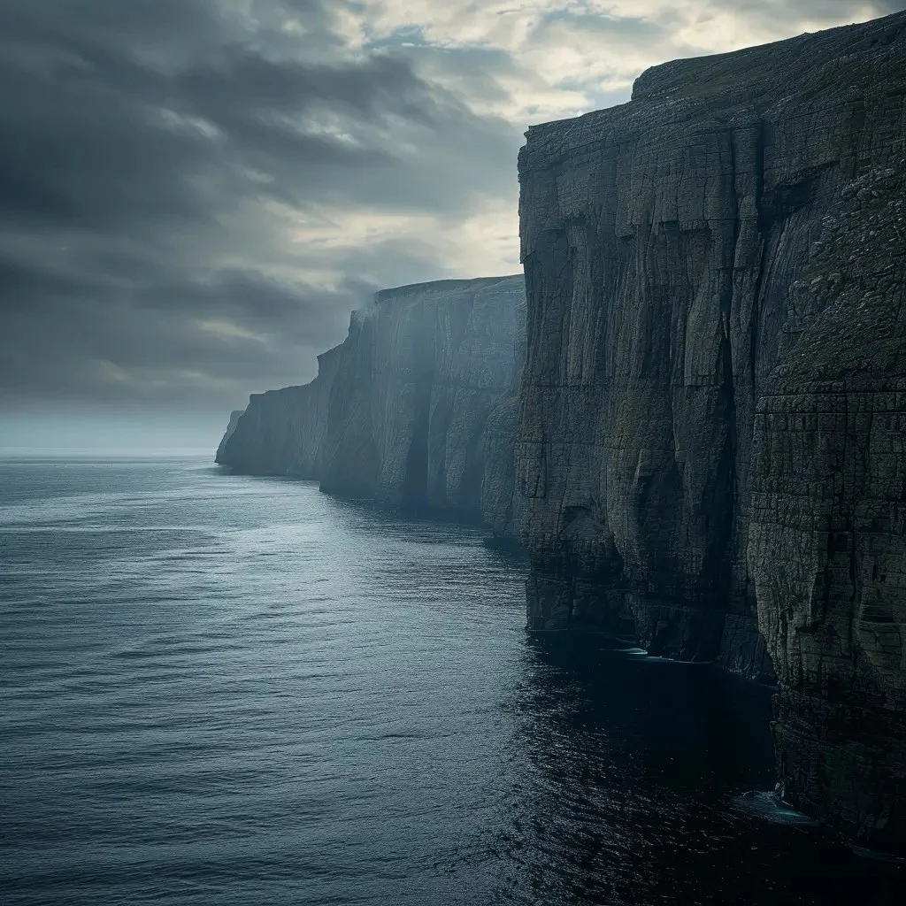 A seascape featuring towering cliffs plunging into a calm ocean. The cliffs are a stark contrast against a moody sky, with the horizon barely visible through a haze.