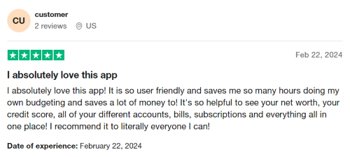 A 5-star review from a Rocket Money user who loves having all their financial information easily accessible in one place 