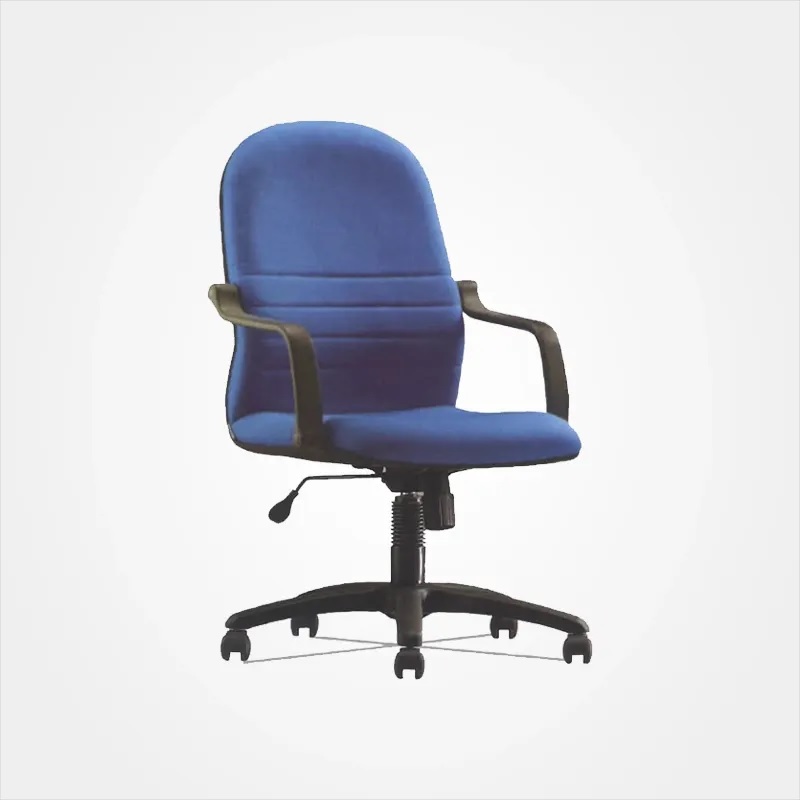 Fabric office chair with armrest and thick cushions, featuring a reclining function and a vibrant blue accent