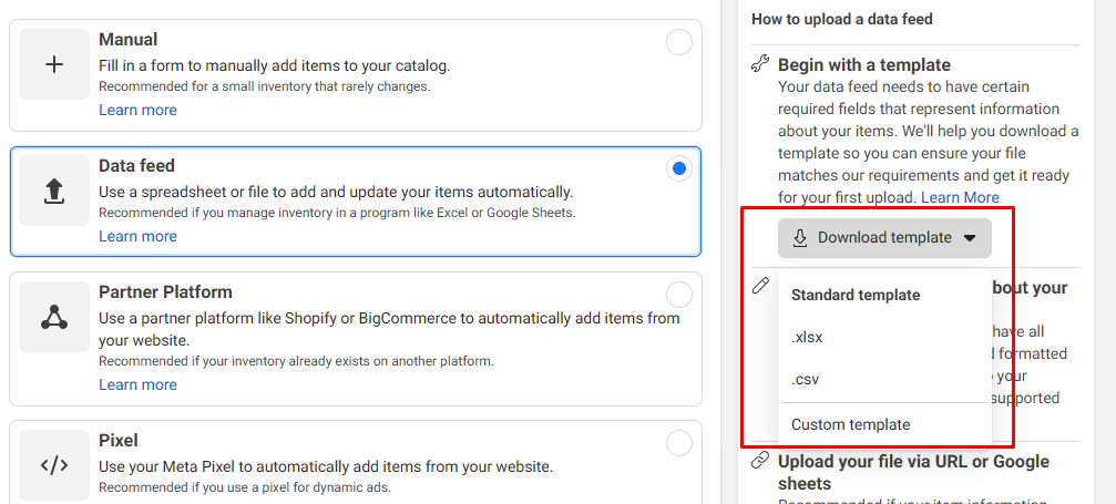 Facebook product feed template file types