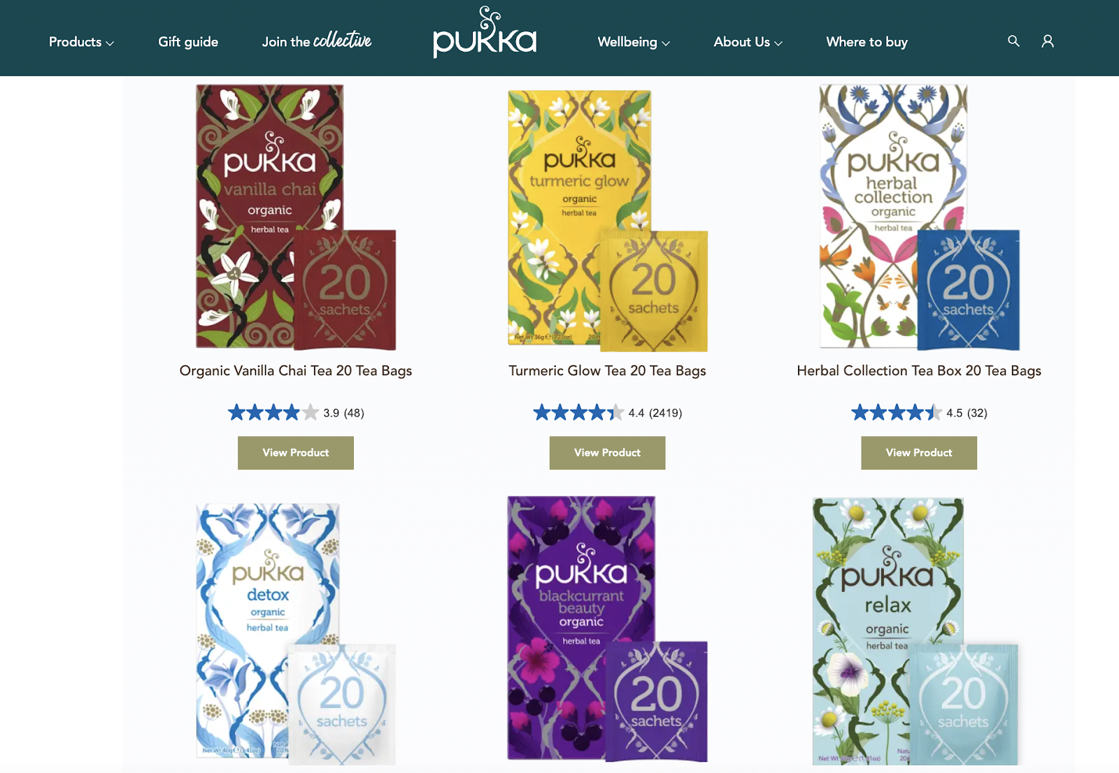 Pukka herbal teas, screenshot of their packaging from the Ecommerce store