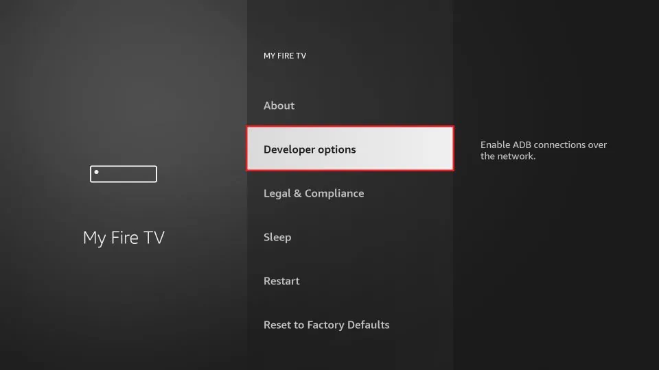 Firestick Settings with Developer Options highlighted.