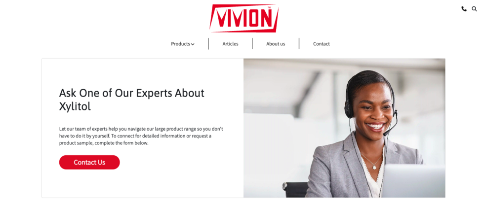 Vivion's Xylitol page with CTA to "Ask our experts"