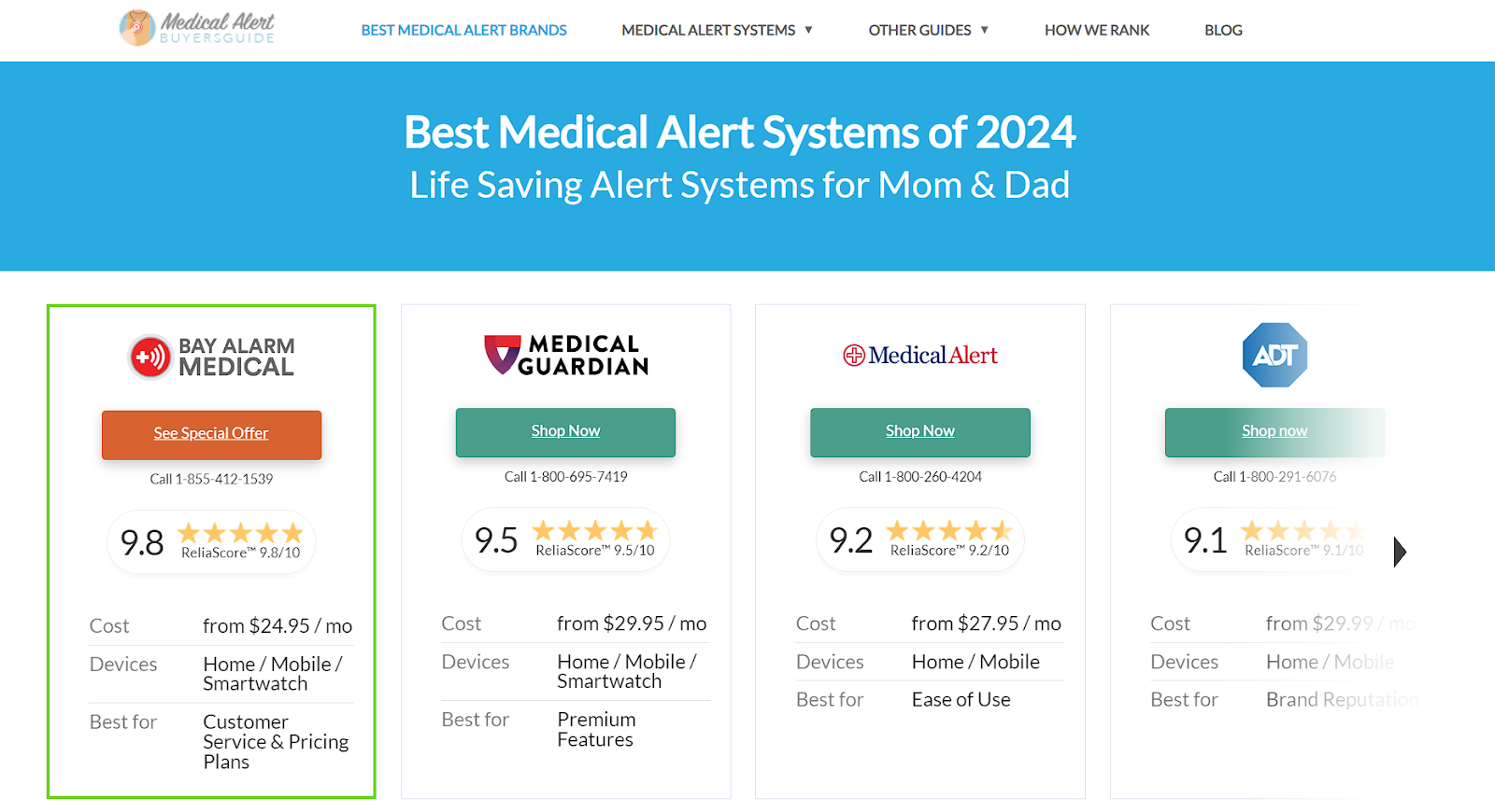  Screenshot of a comparison between medical alert systems.
