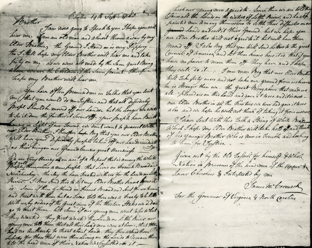 Two pages of letter in cursive writing. Chief Old Tassel addresses the Governors of North Carolina and Virginia.