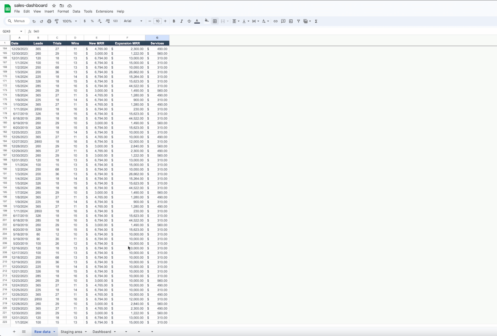Screenshot of raw data in a spreadsheet.