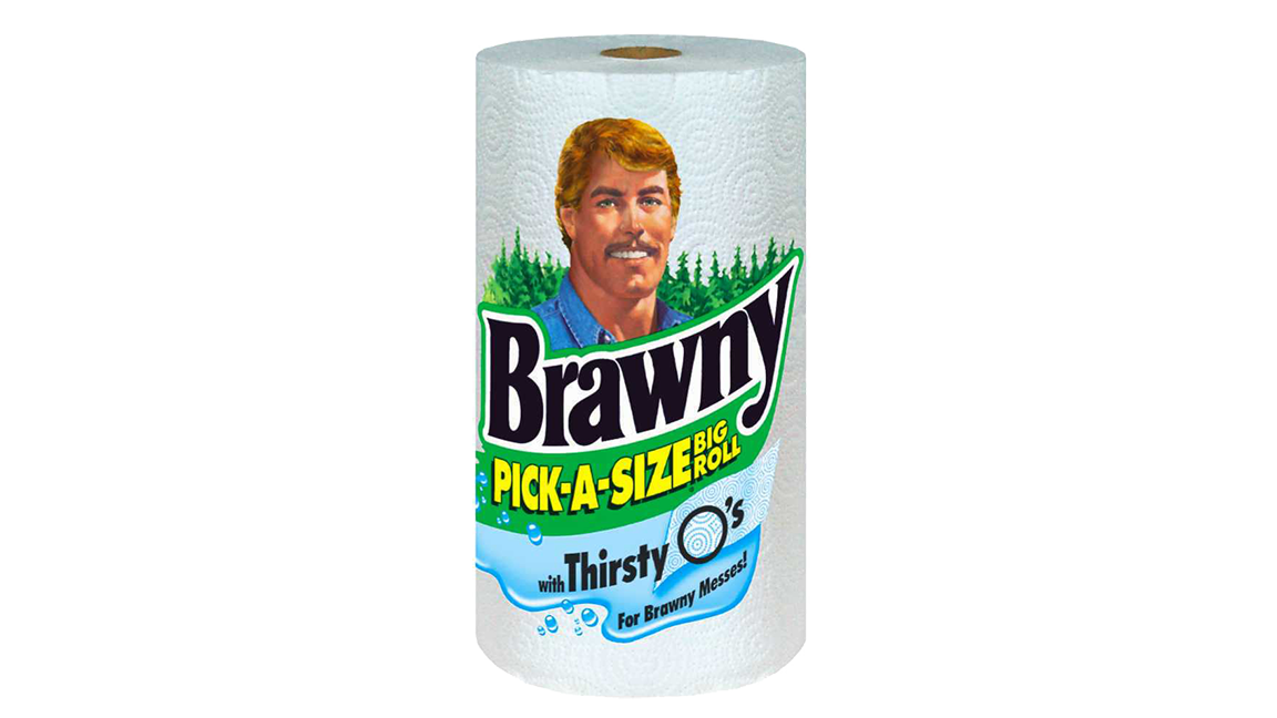 Same illo of the guy but this time on a roll of paper towels and the labelling reads "BRAWNY PICK-A-SIZE BIG ROLL with Thirsty O's For Brawny Messes!"