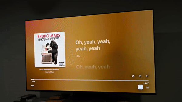 A GIF demonstrating animated lyrics in the Apple Music Sing mode on Apple TV