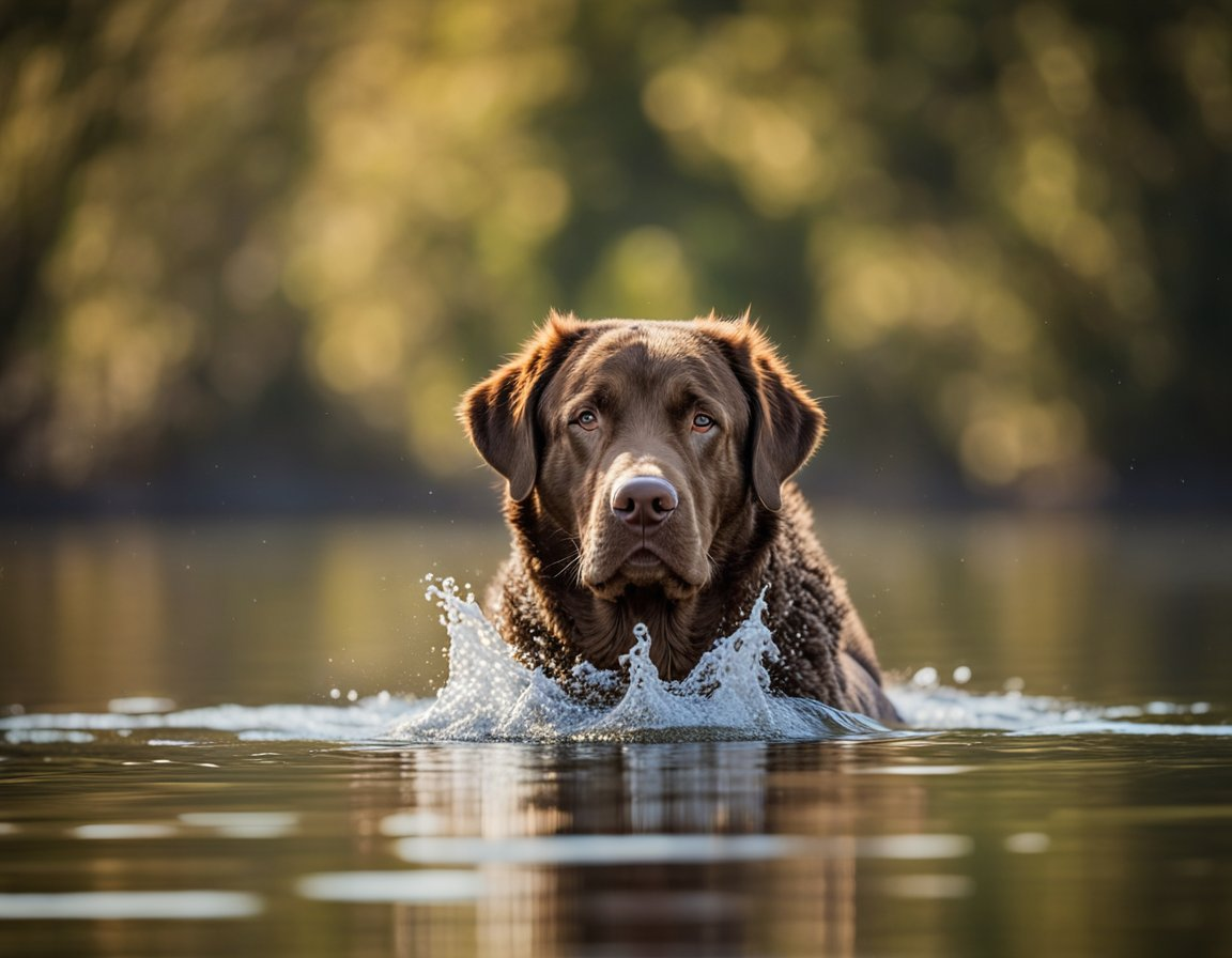 a chesapeake bay retriever swimming at the lake