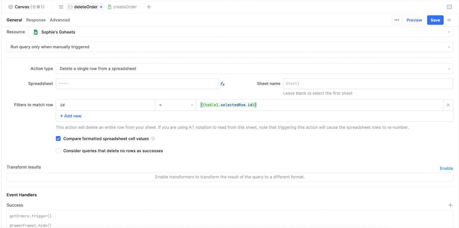 Google sheets delete query in Retool