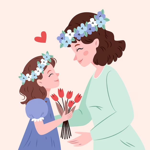 Illustration of a girl giving flowers to her mother