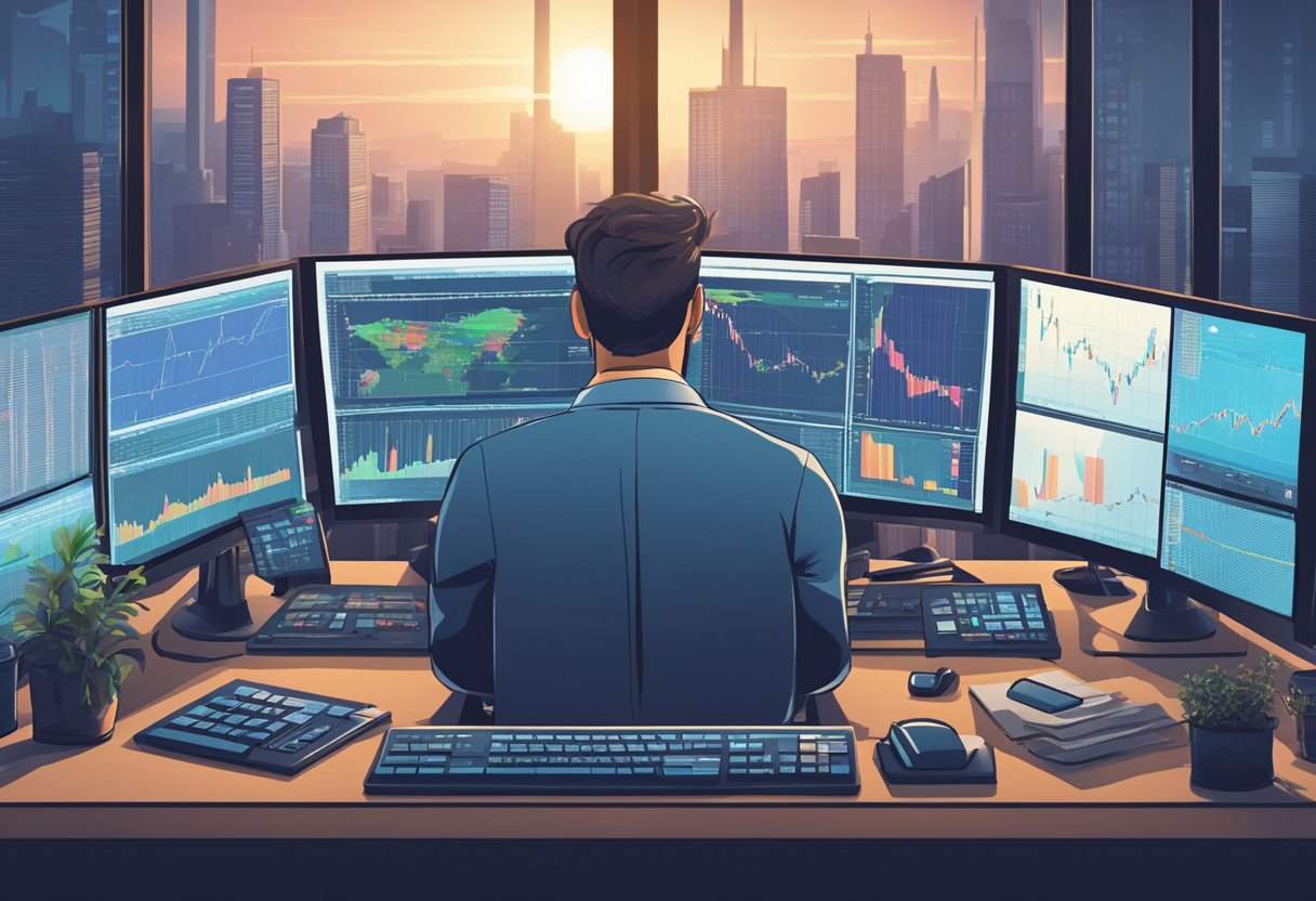 A day trader sits at a desk with multiple computer screens, analyzing charts and graphs. The atmosphere is intense, with a sense of focus and determination