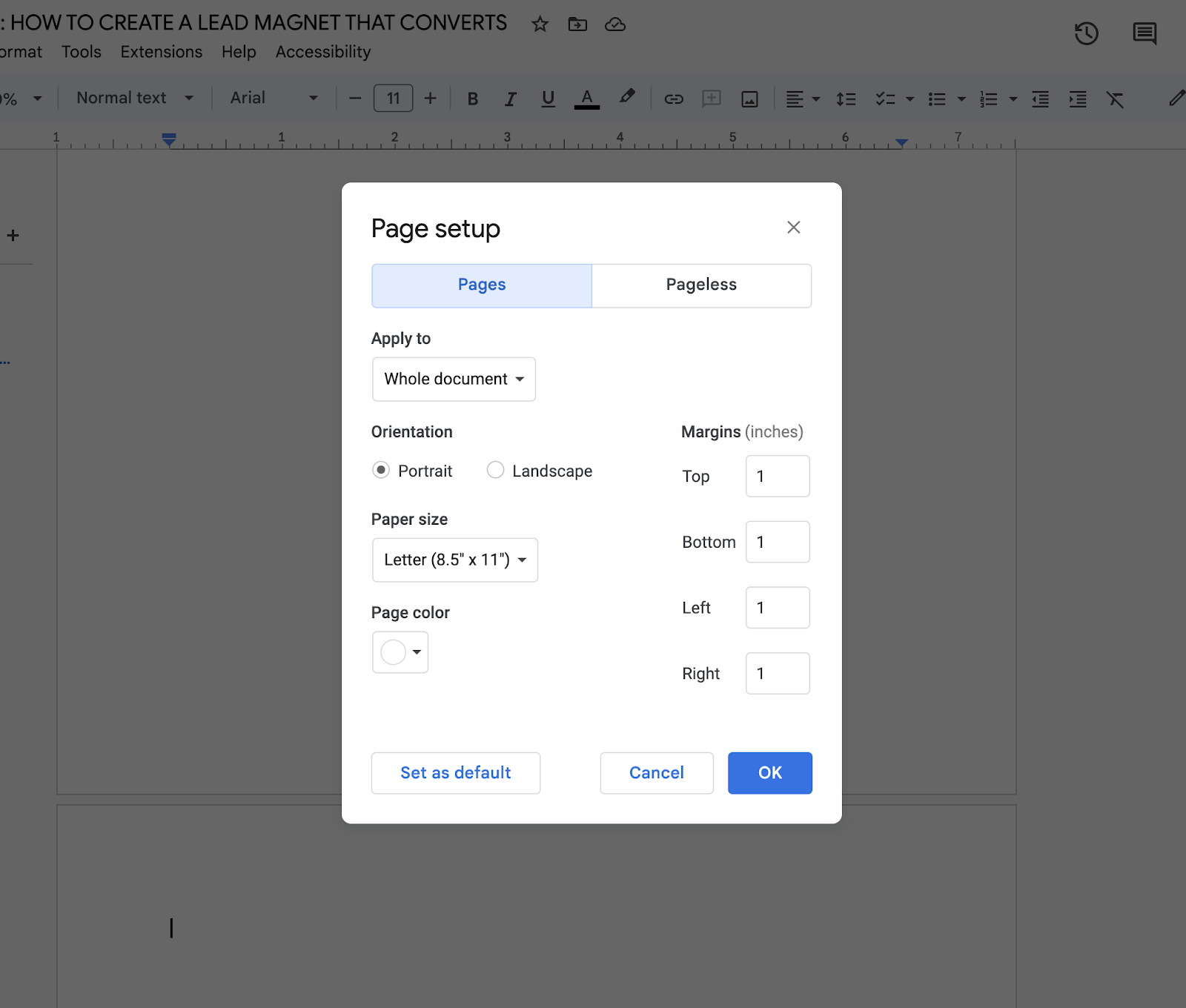 page setup in google docs