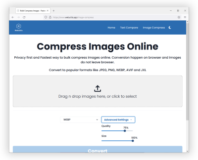 A screenshot of WebUtils Bulk Image Compress website