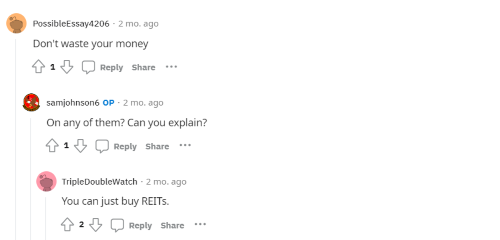 Another person on Reddit suggests investing in REITs not on either Fundrise vs Arrived Homes. 
