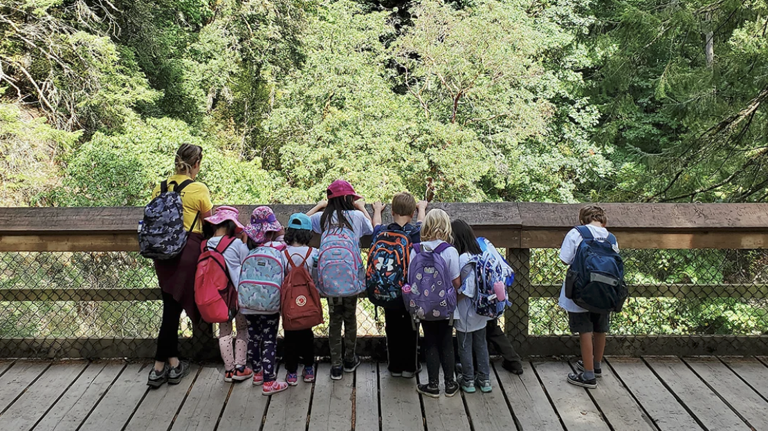 A woman and a group of children standing on a wooden bridge in the forest during summer camp..