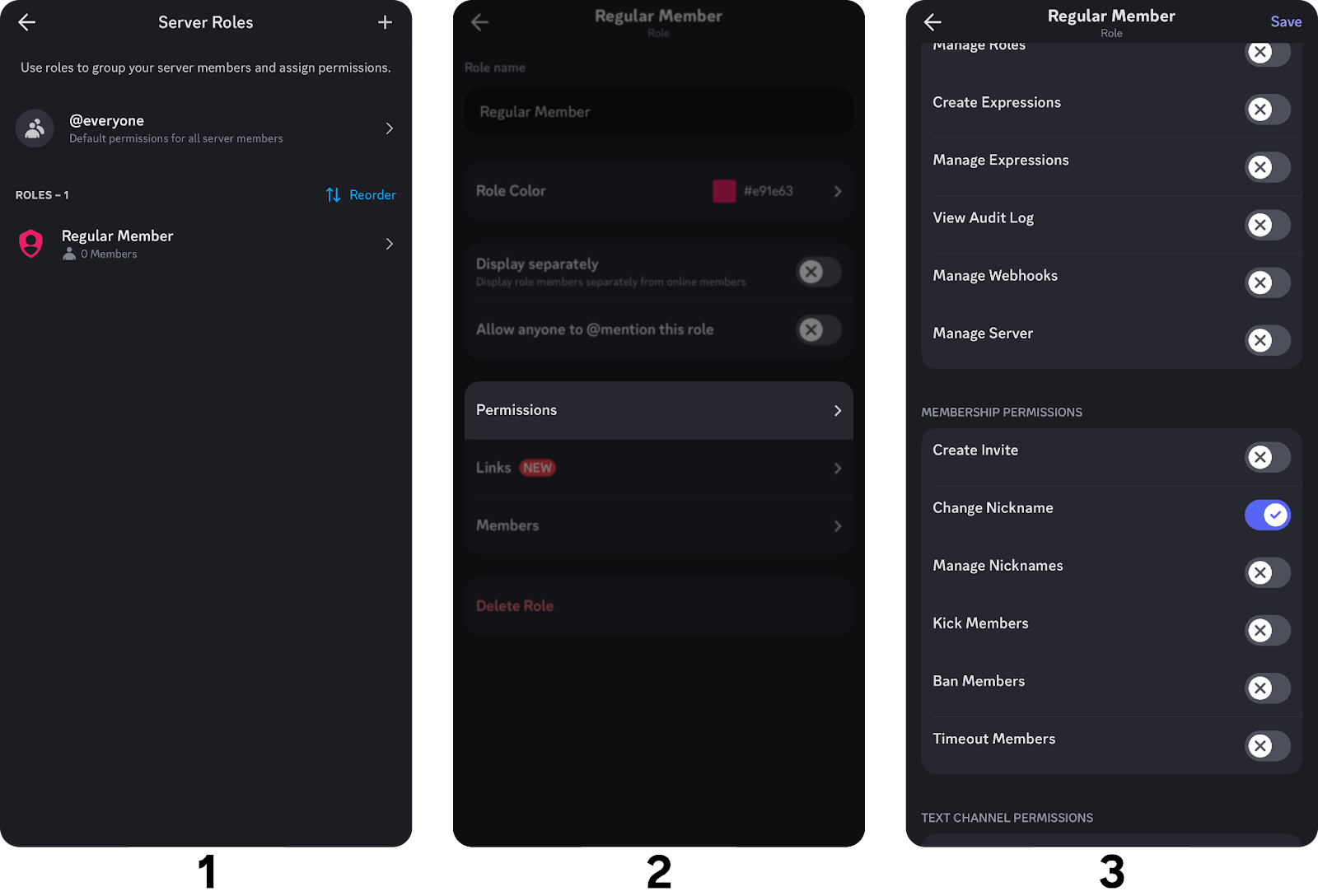 Steps of customizing the permissions of a Discord role on mobile