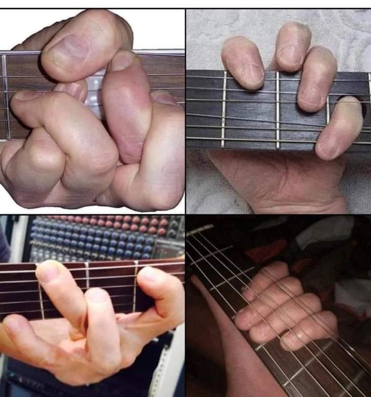 Four pictures of guitar frets with fingers in freaky and almost impossible positions