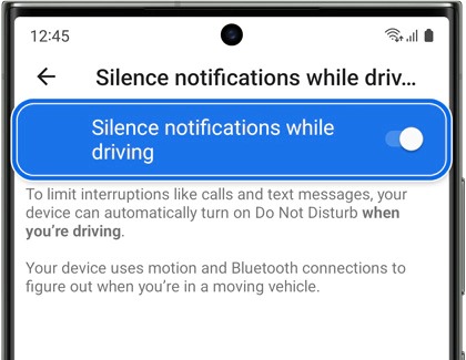 Silence notifications while driving button activated on a Galaxy S24 Ultra