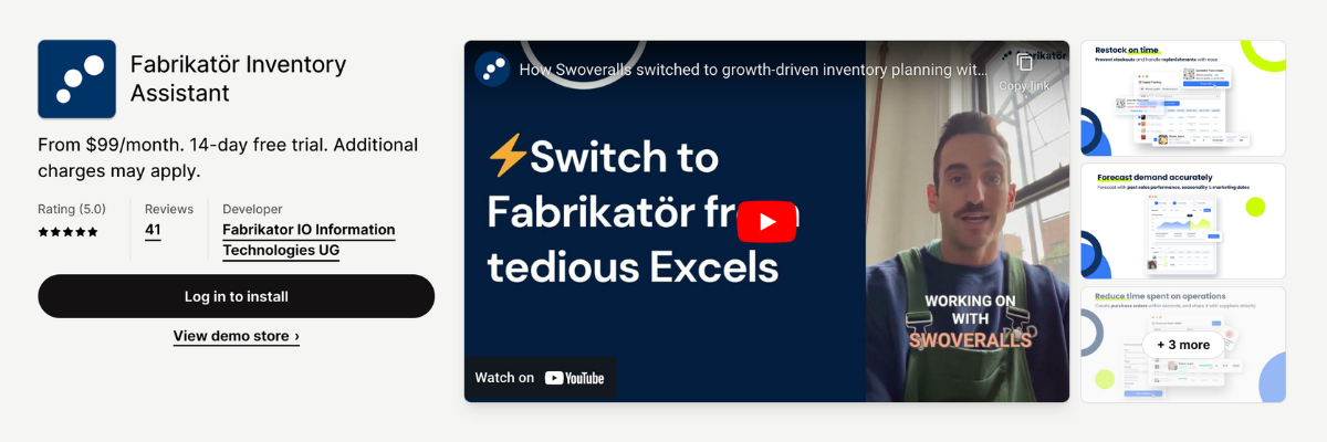 shopify app store listing page of Fabrikator Inventory Assistant