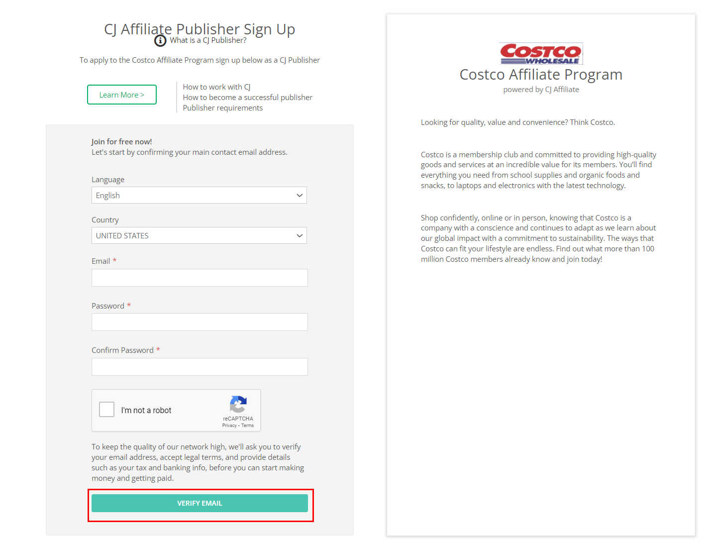 COSTCO affiliate program page on CJ