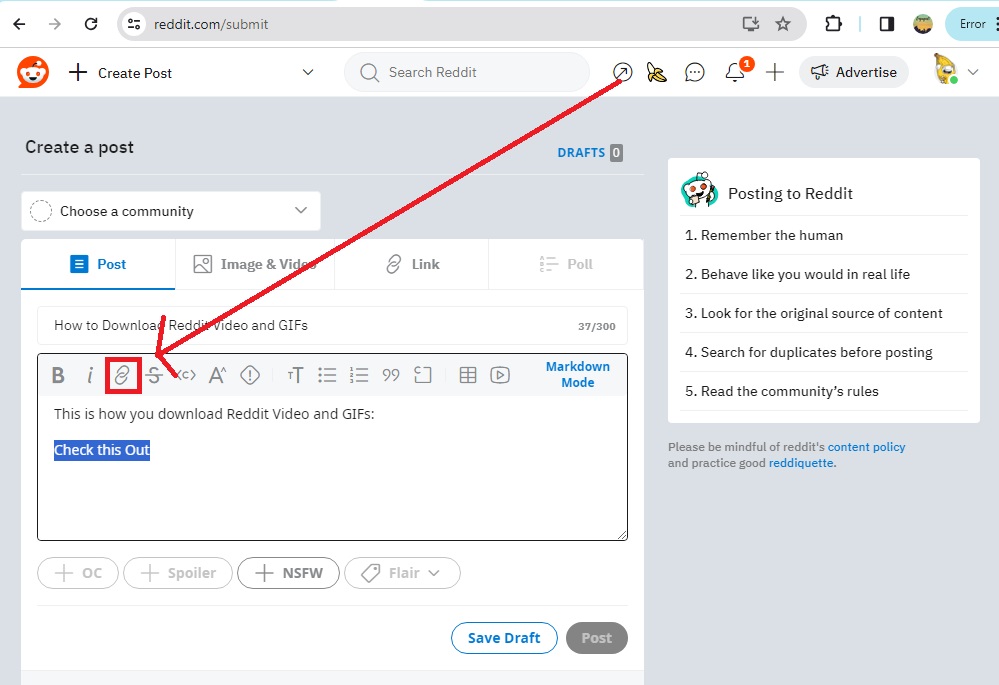 How to Add Links into Reddit Post and Comments - Click the Link Icon