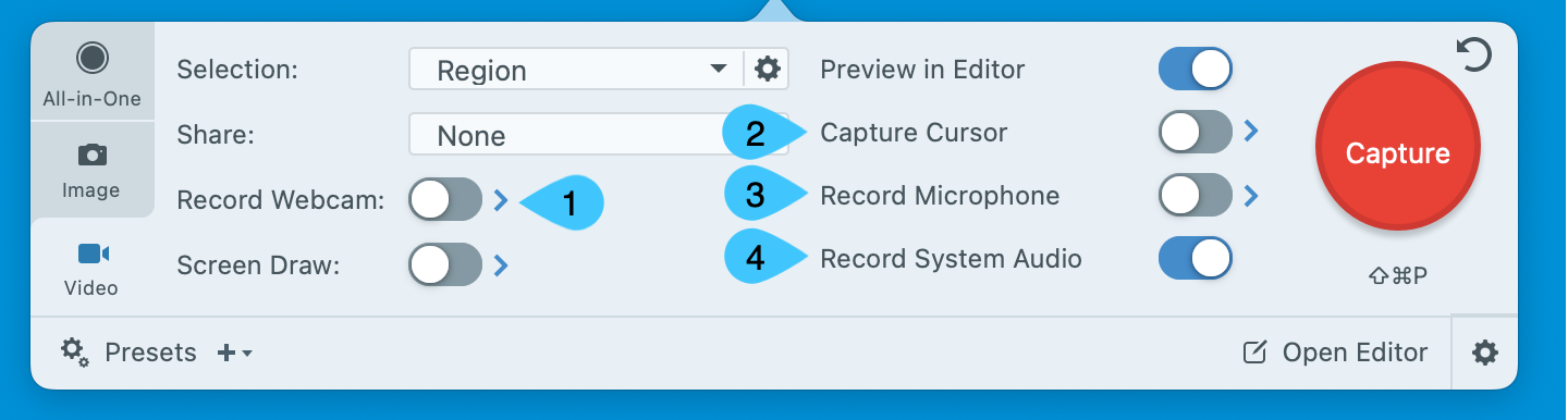 Snagit capture menu with important features highlighted.