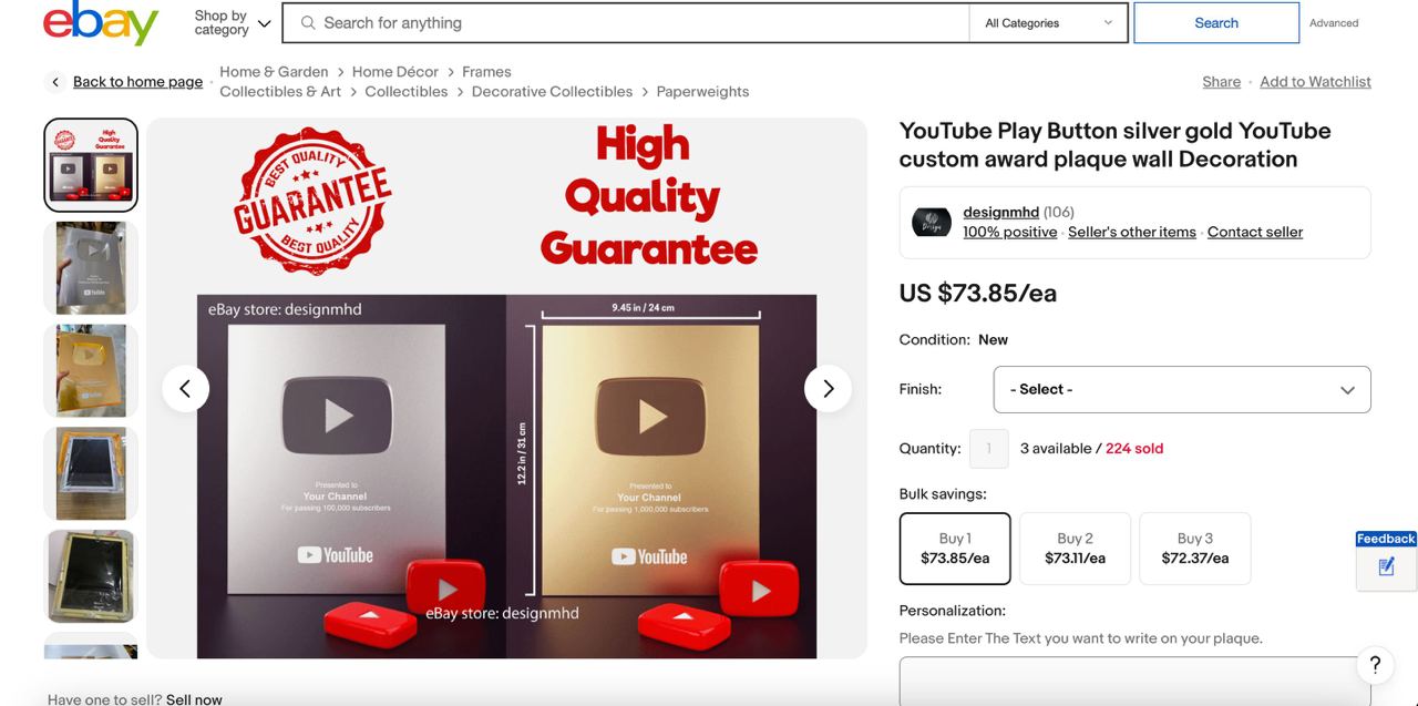 youtube play button for sale 