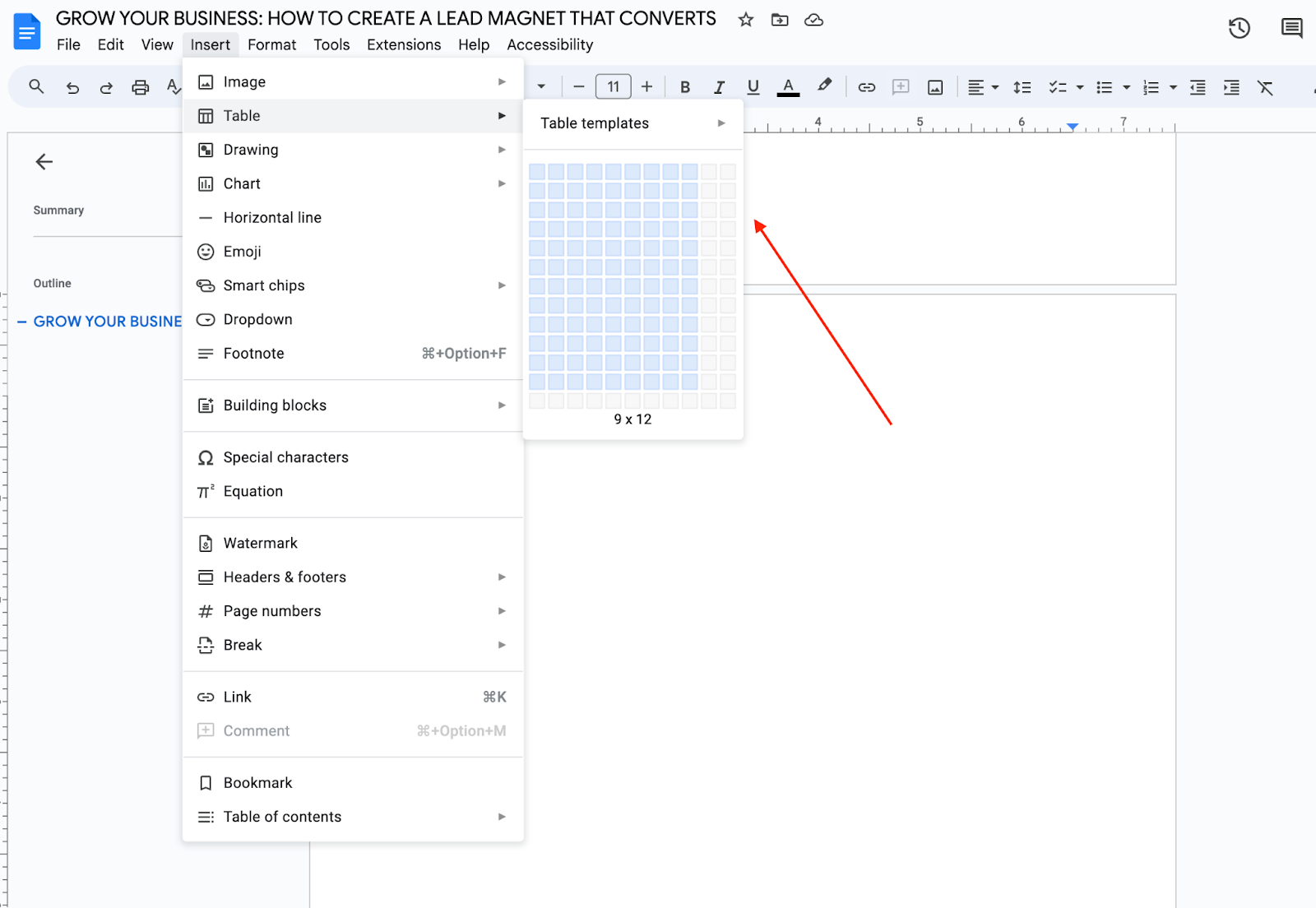 set up table in google docs 