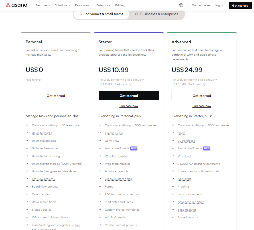 Pricing Plans for Asana