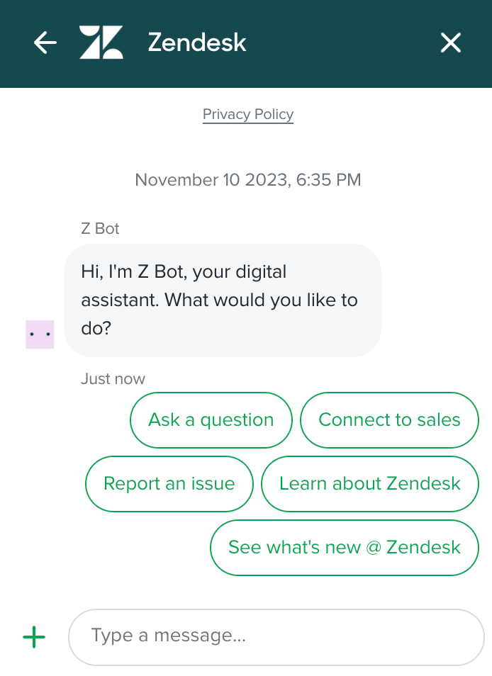 Zendesk's Z Bot chat with user