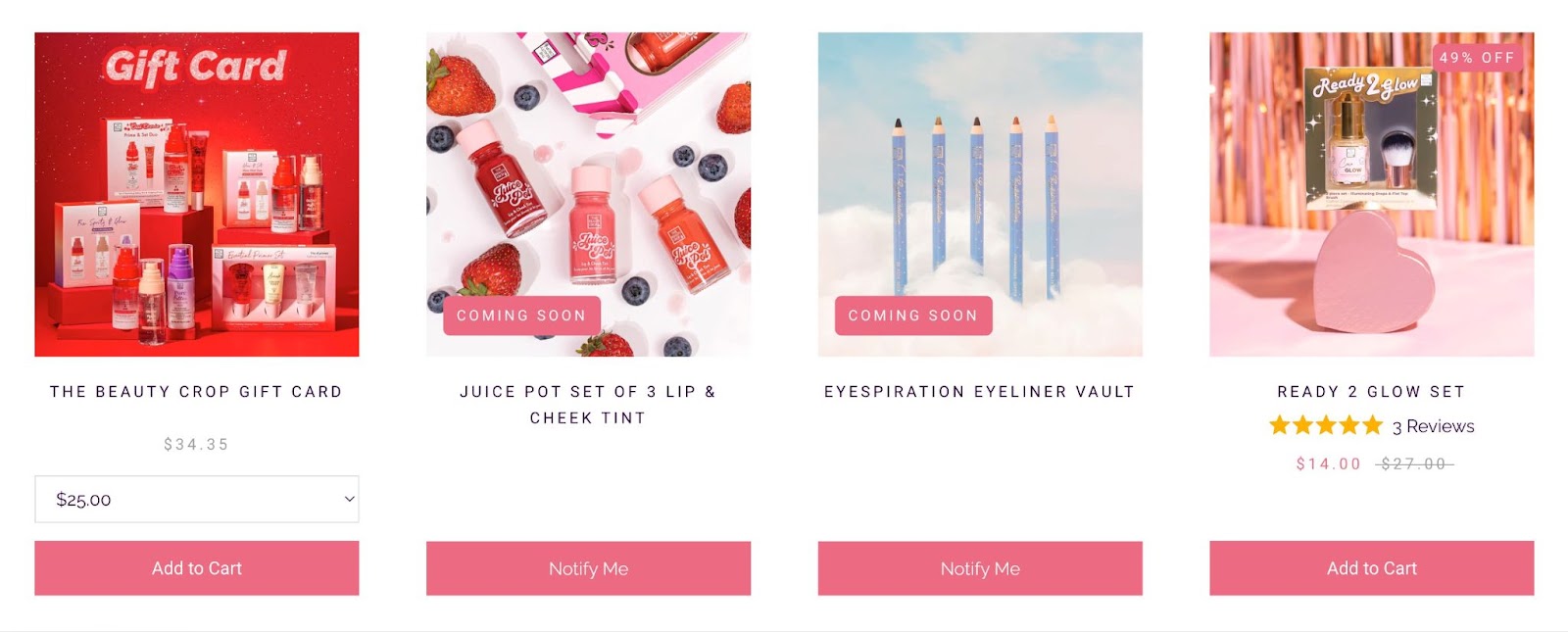 Screenshot of product bundles that are out of stock with a "Notify Me" CTA