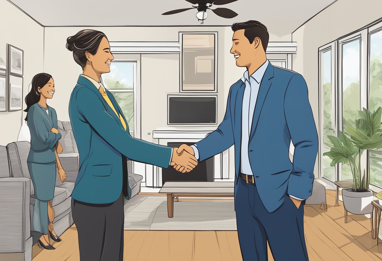 A handshake between a home seller and a Harmony Home Buyers representative, with a traditional real estate agent looking on in the background