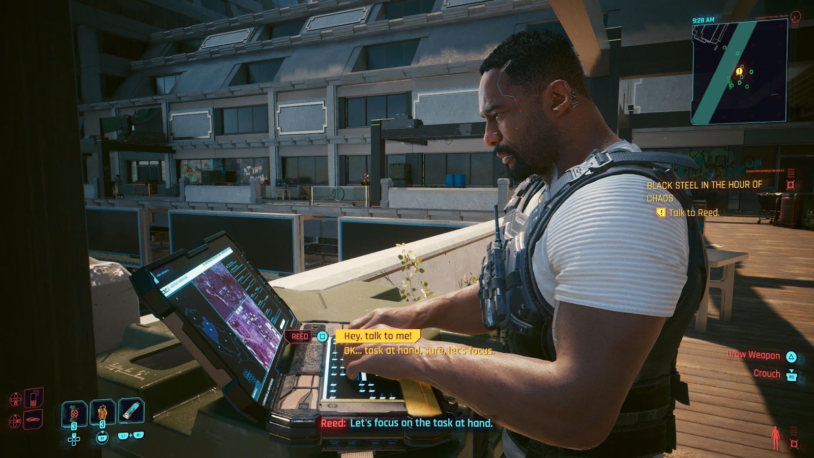 An in-game screenshot of the character Solomon Reed from the game Cyberpunk 2077