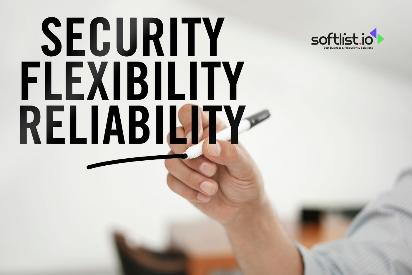 Key business concepts of security, flexibility, and reliability written on board.