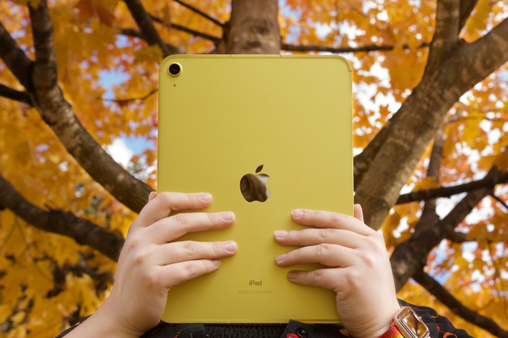 Ai đó đang cầm chiếc iPad màu vàng (2022) trước hàng cây có lá màu cam, vàng.