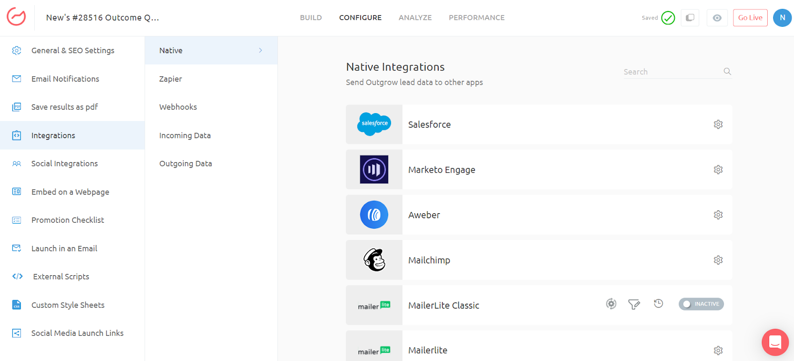 Outgrow's integrations page