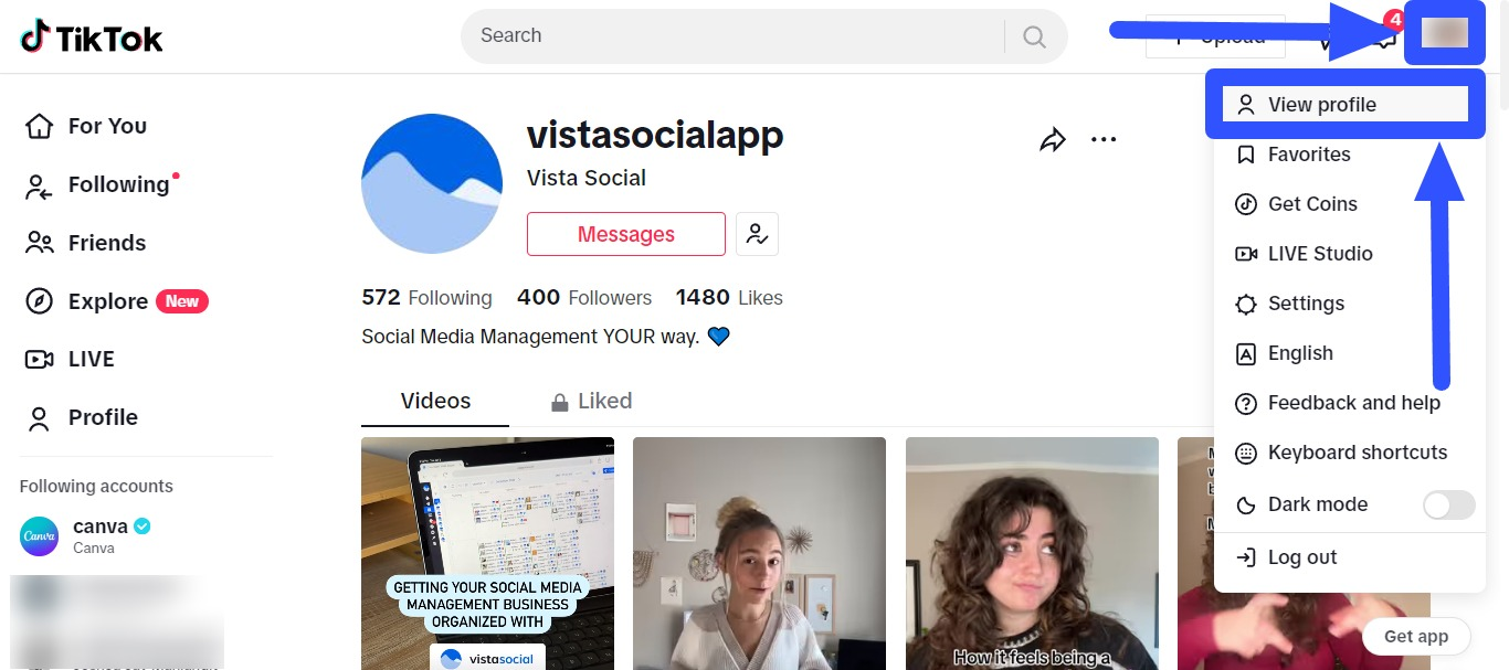 How to change tiktok username: Vista Social TikTok profile