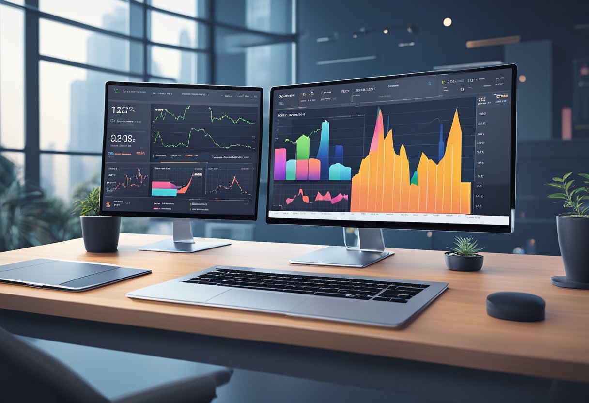 A sleek, modern trading platform with dynamic charts and graphs, displaying real-time market data and analysis. The interface is user-friendly and professional, with a focus on efficiency and accuracy