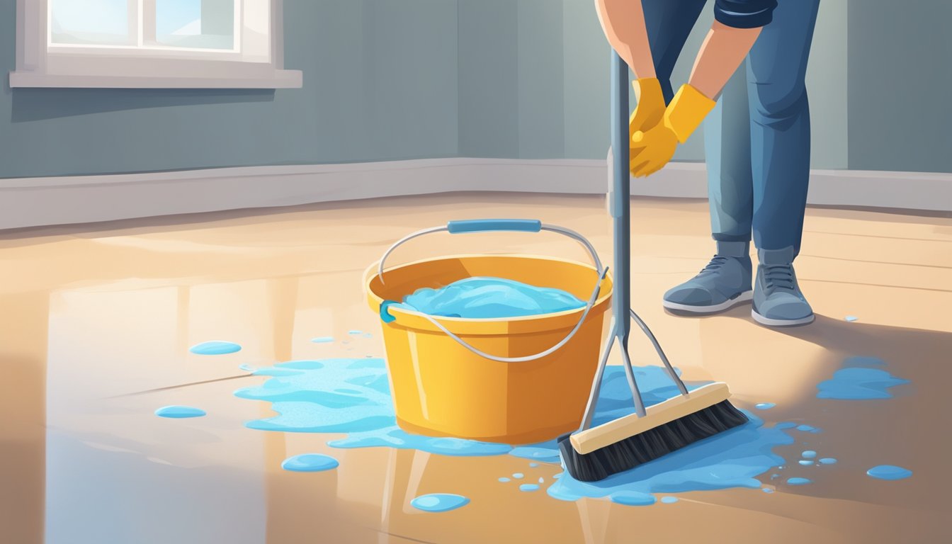 Um balde de água com sabão e uma escova estão ao lado de um piso de vinil arranhado e manchado.Uma pessoa está esfregando o chão com a escova, removendo arranhões e manchas