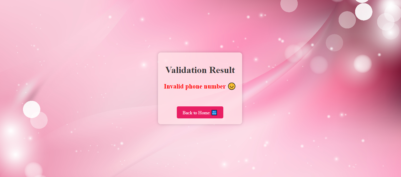 Output Screen of the Phone Number Validation tool: phone number is invalid